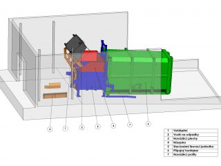 stacionární lis s výklopným vozíkem a přípojným kontejnerem